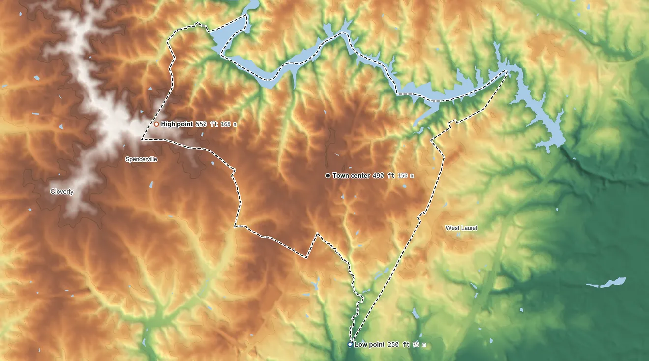 Topographic elevation map of Burtonsville, Maryland, shaded from 250 ft on the south side to 550 ft on the west side