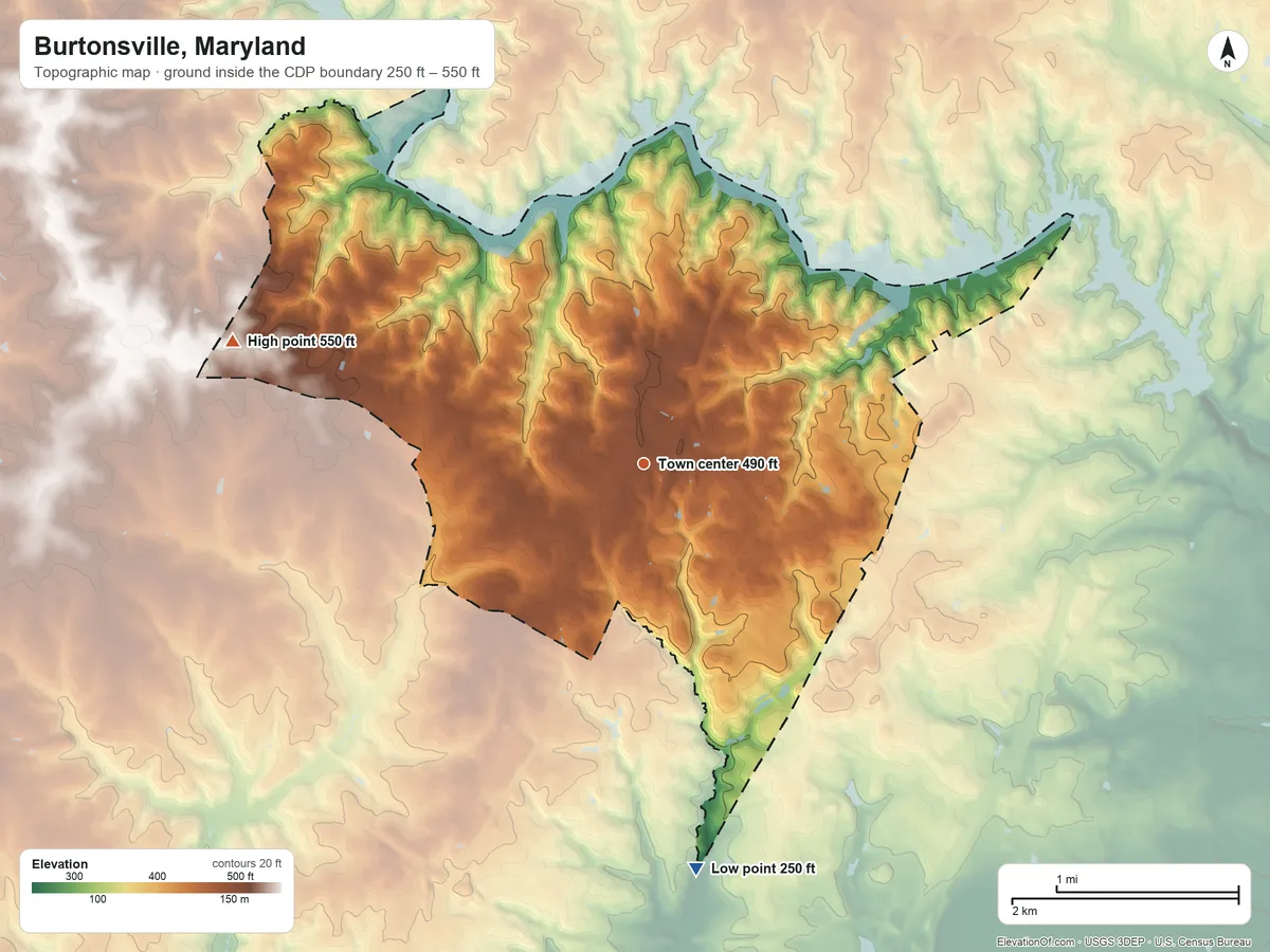 Topographic elevation map of Burtonsville, Maryland, shaded from 250 ft on the south side to 550 ft on the west side