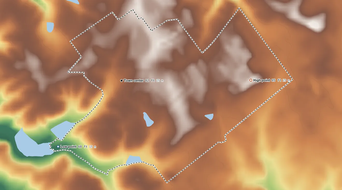 Topographic elevation map of Butlertown, Maryland, shaded from 48 ft on the southwest side to 95 ft on the east side