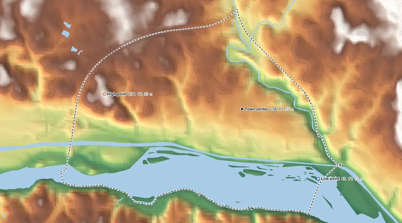 Topographic elevation map of Cabin John, Maryland, shaded from 41 ft on the southeast side to 270 ft on the west side