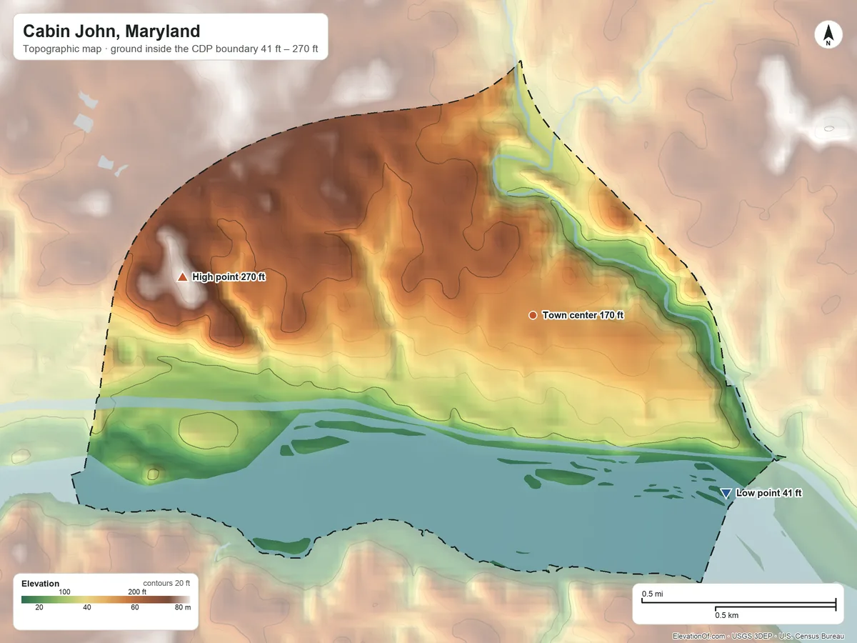 Topographic elevation map of Cabin John, Maryland, shaded from 41 ft on the southeast side to 270 ft on the west side