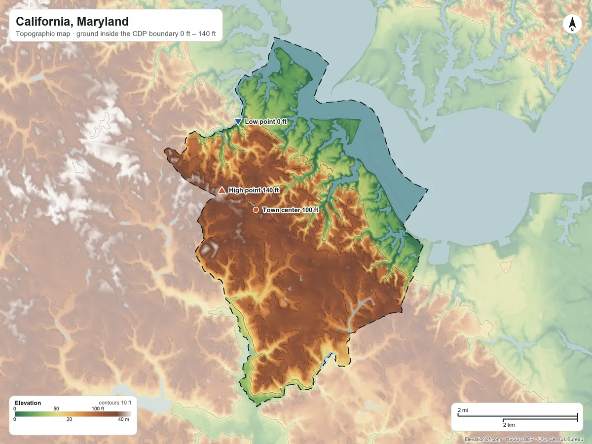 Topographic elevation map of California, Maryland, shaded from 0 ft on the north side to 140 ft near the middle