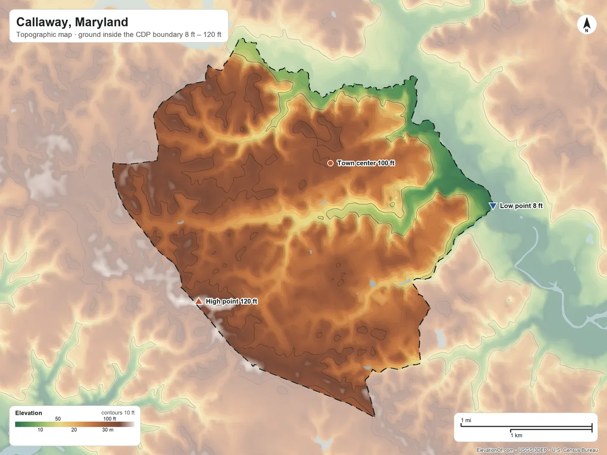Topographic elevation map of Callaway, Maryland, shaded from 8 ft on the east side to 120 ft on the southwest side