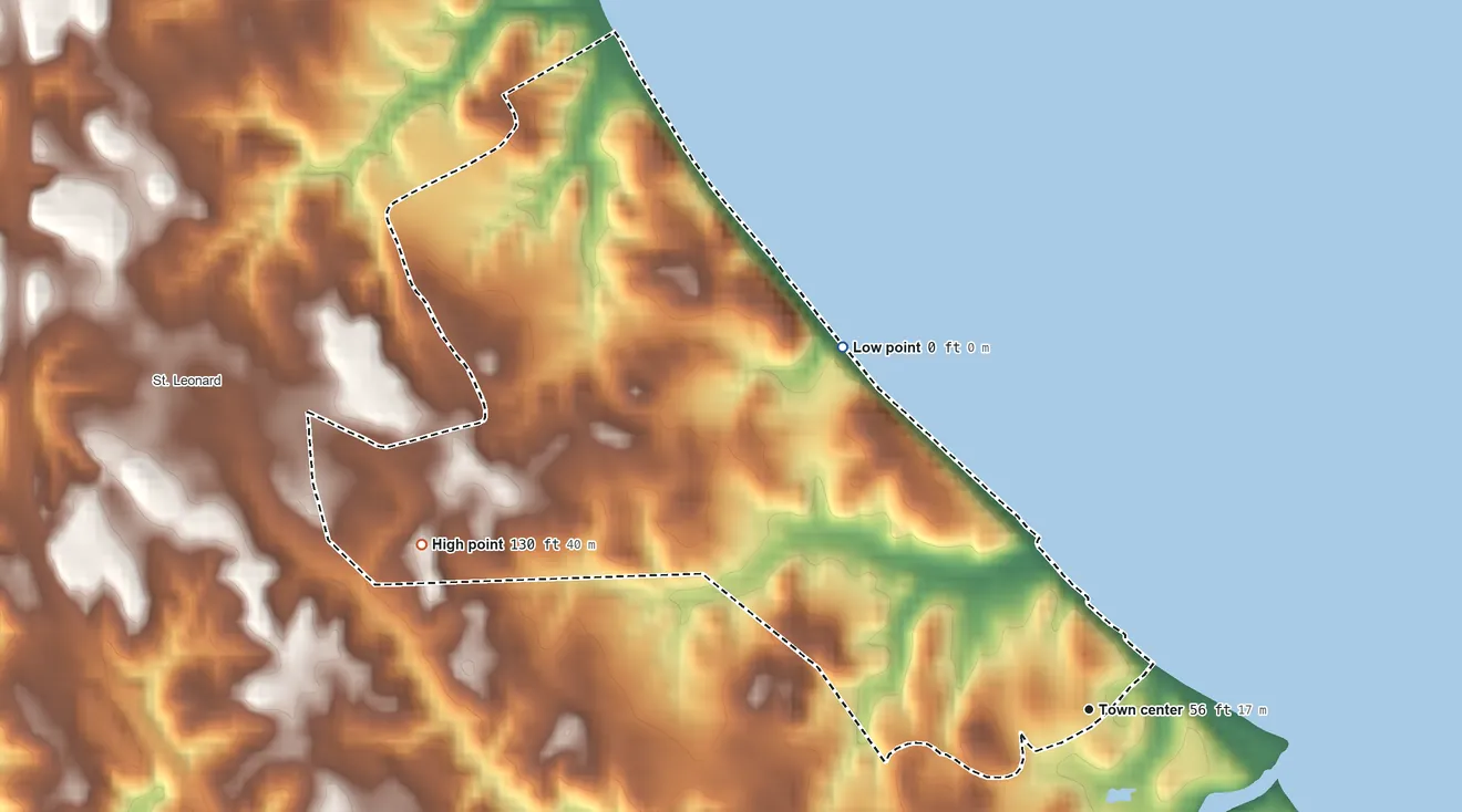 Topographic elevation map of Calvert Beach, Maryland, shaded from sea level level on Chesapeake Bay to 130 ft on the west side