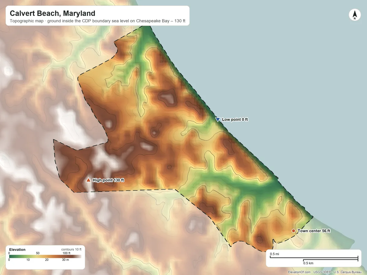 Topographic elevation map of Calvert Beach, Maryland, shaded from sea level level on Chesapeake Bay to 130 ft on the west side