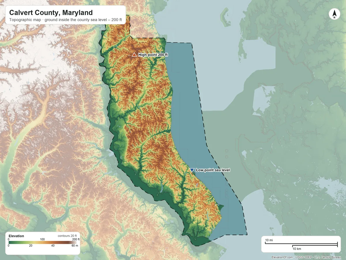 Topographic elevation map of Calvert County, Maryland, shaded from sea level on Chesapeake Bay to 200 ft on the northwest side
