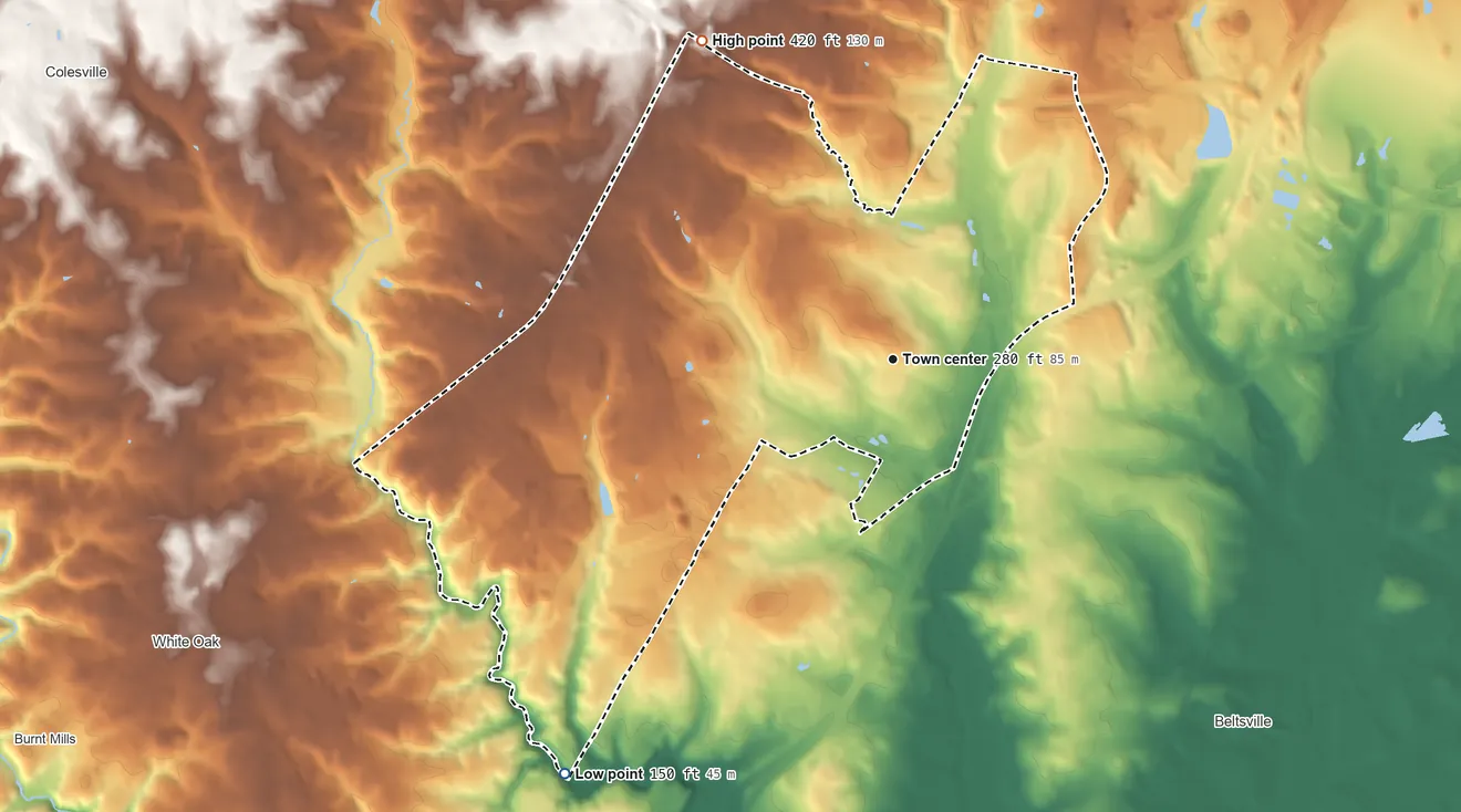 Topographic elevation map of Calverton, Maryland, shaded from 150 ft on the southwest side to 420 ft on the northwest side