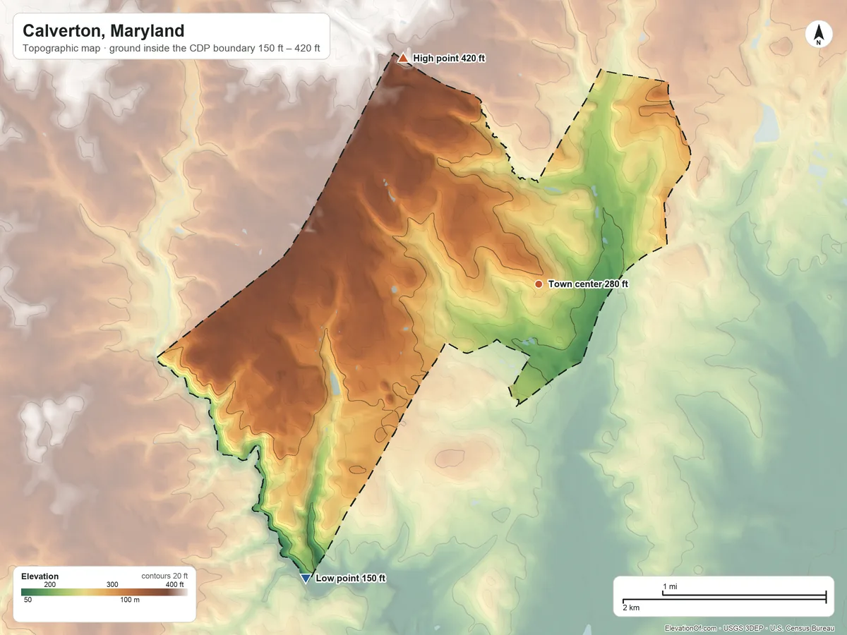 Topographic elevation map of Calverton, Maryland, shaded from 150 ft on the southwest side to 420 ft on the northwest side