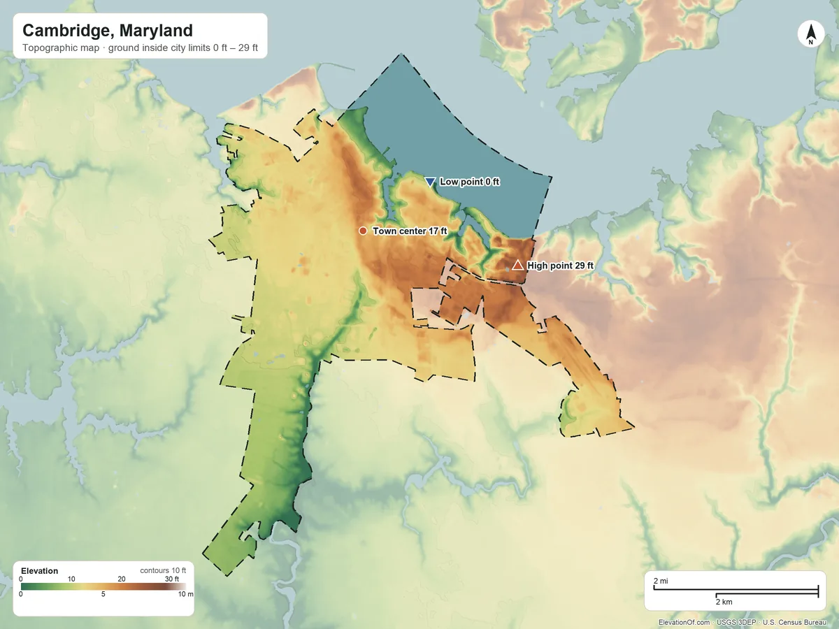 Topographic elevation map of Cambridge, Maryland, shaded from 0 ft on the northeast side to 29 ft on the east side