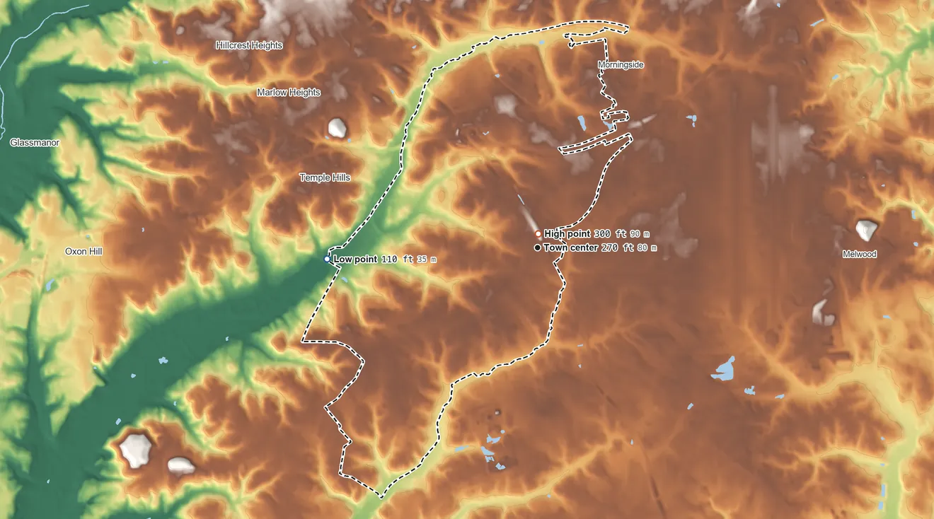Topographic elevation map of Camp Springs, Maryland, shaded from 110 ft on the west side to 300 ft near the middle