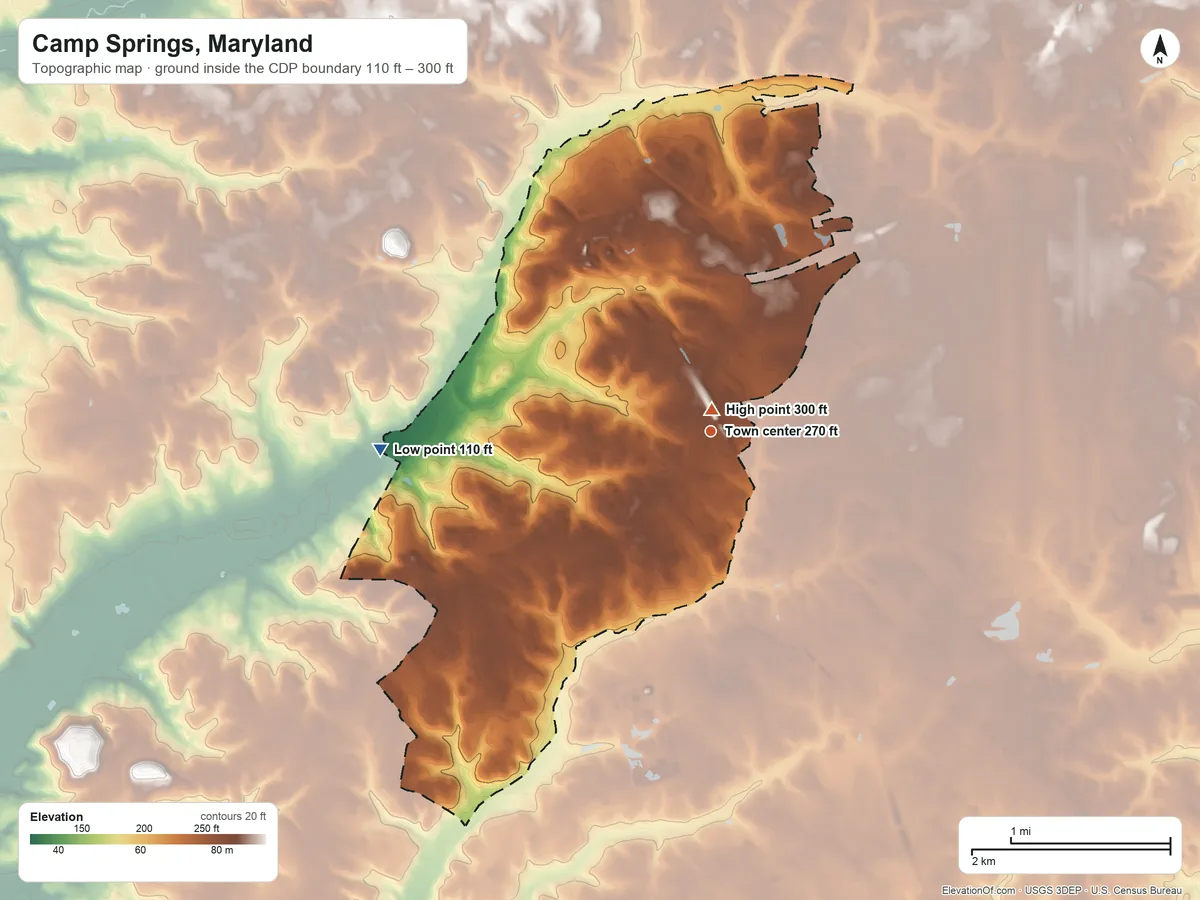 Topographic elevation map of Camp Springs, Maryland, shaded from 110 ft on the west side to 300 ft near the middle