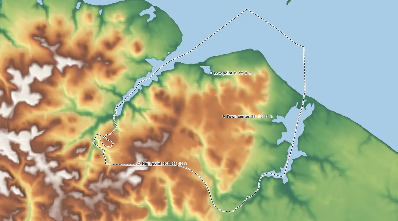 Topographic elevation map of Cape St. Claire, Maryland, shaded from sea level level on Sillery Bay to 120 ft on the southwest side