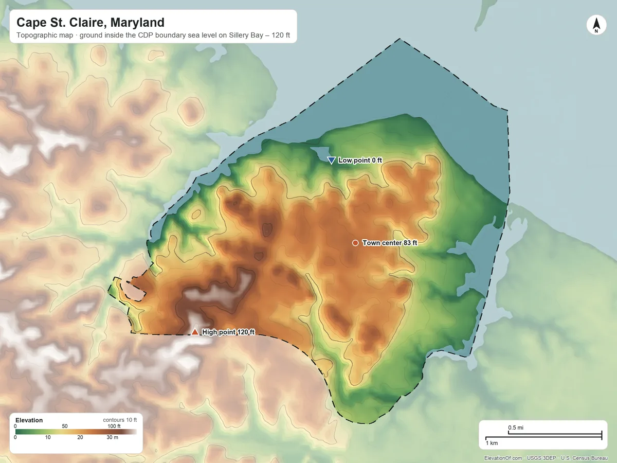 Topographic elevation map of Cape St. Claire, Maryland, shaded from sea level level on Sillery Bay to 120 ft on the southwest side