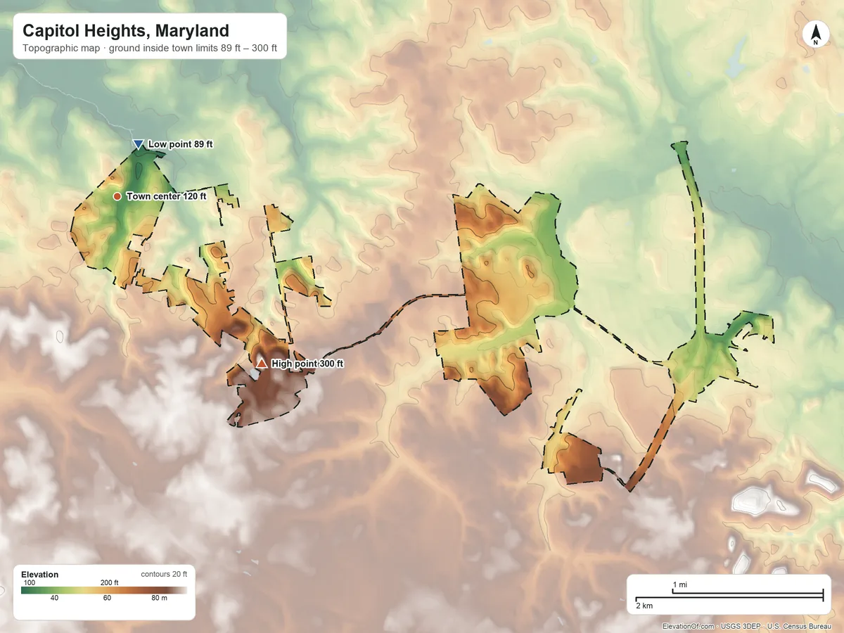 Topographic elevation map of Capitol Heights, Maryland, shaded from 89 ft near the middle to 300 ft on the southeast side