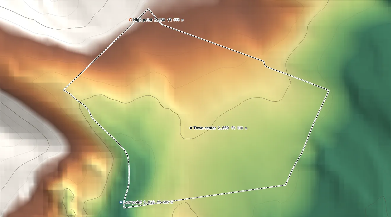 Topographic elevation map of Carlos, Maryland, shaded from 1,920 ft on the southwest side to 2,150 ft on the northwest edge, below higher ground just outside