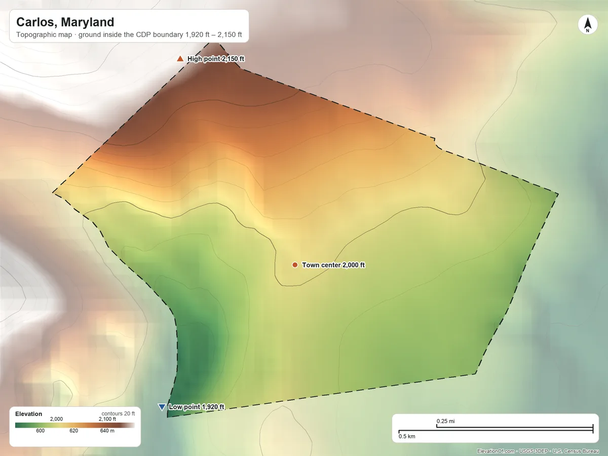 Topographic elevation map of Carlos, Maryland, shaded from 1,920 ft on the southwest side to 2,150 ft on the northwest edge, below higher ground just outside