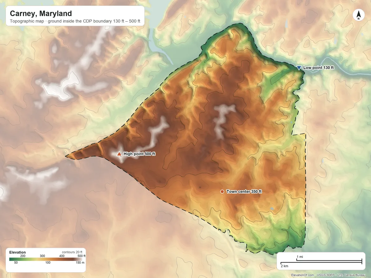 Topographic elevation map of Carney, Maryland, shaded from 130 ft on the northeast side to 500 ft on the west side