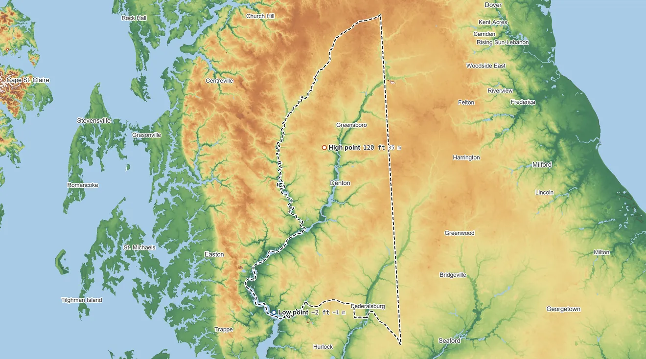 Topographic elevation map of Caroline County, Maryland, shaded from 2 ft below sea level on the south side to 120 ft near the middle