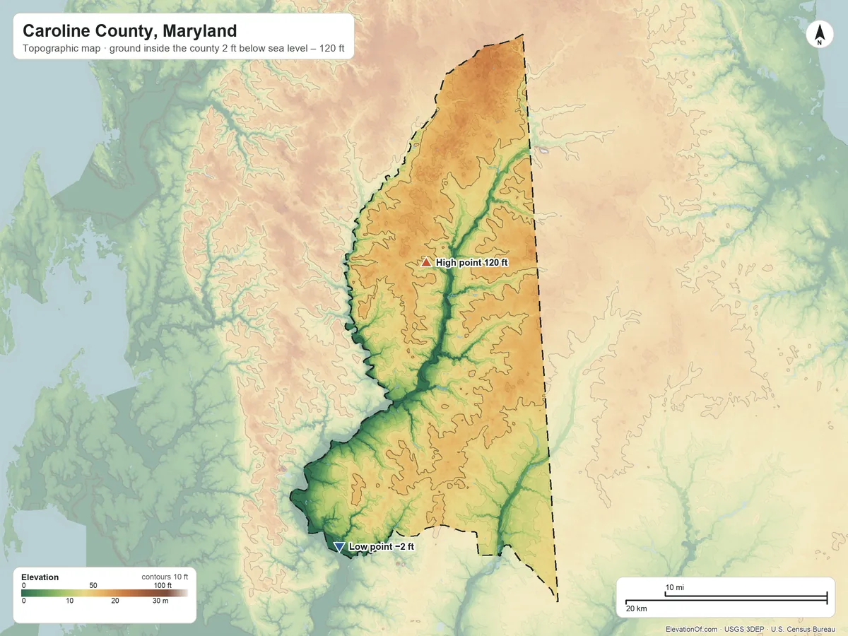 Topographic elevation map of Caroline County, Maryland, shaded from 2 ft below sea level on the south side to 120 ft near the middle
