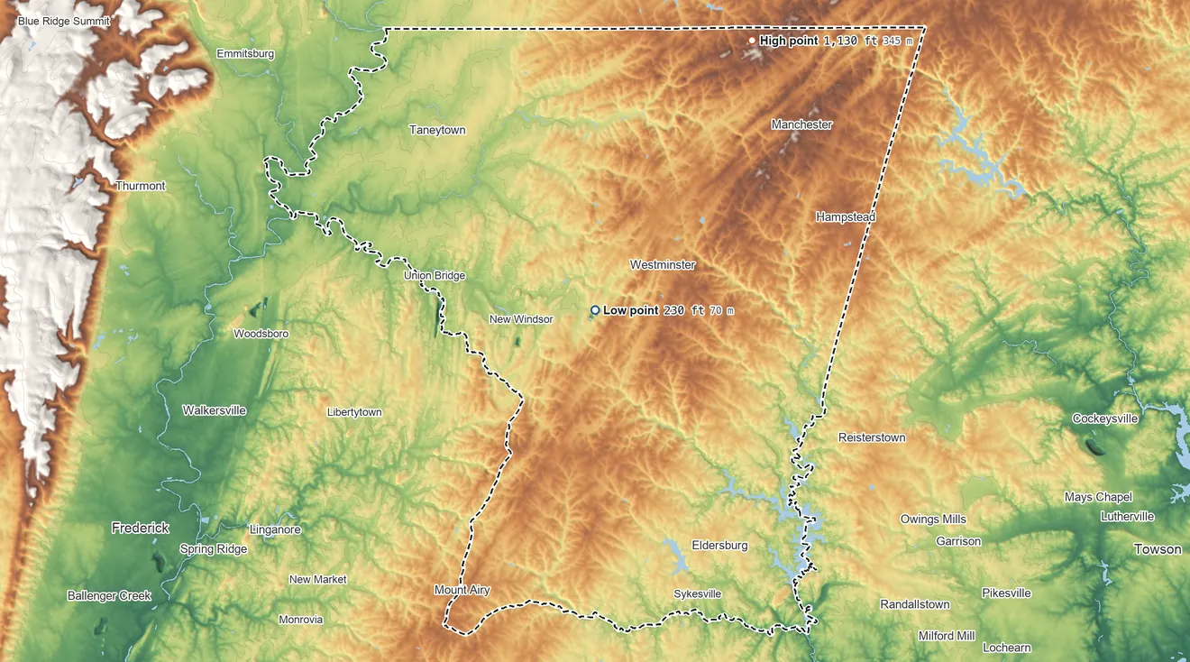 Topographic elevation map of Carroll County, Maryland, shaded from 230 ft near the middle to 1,130 ft on the northeast side
