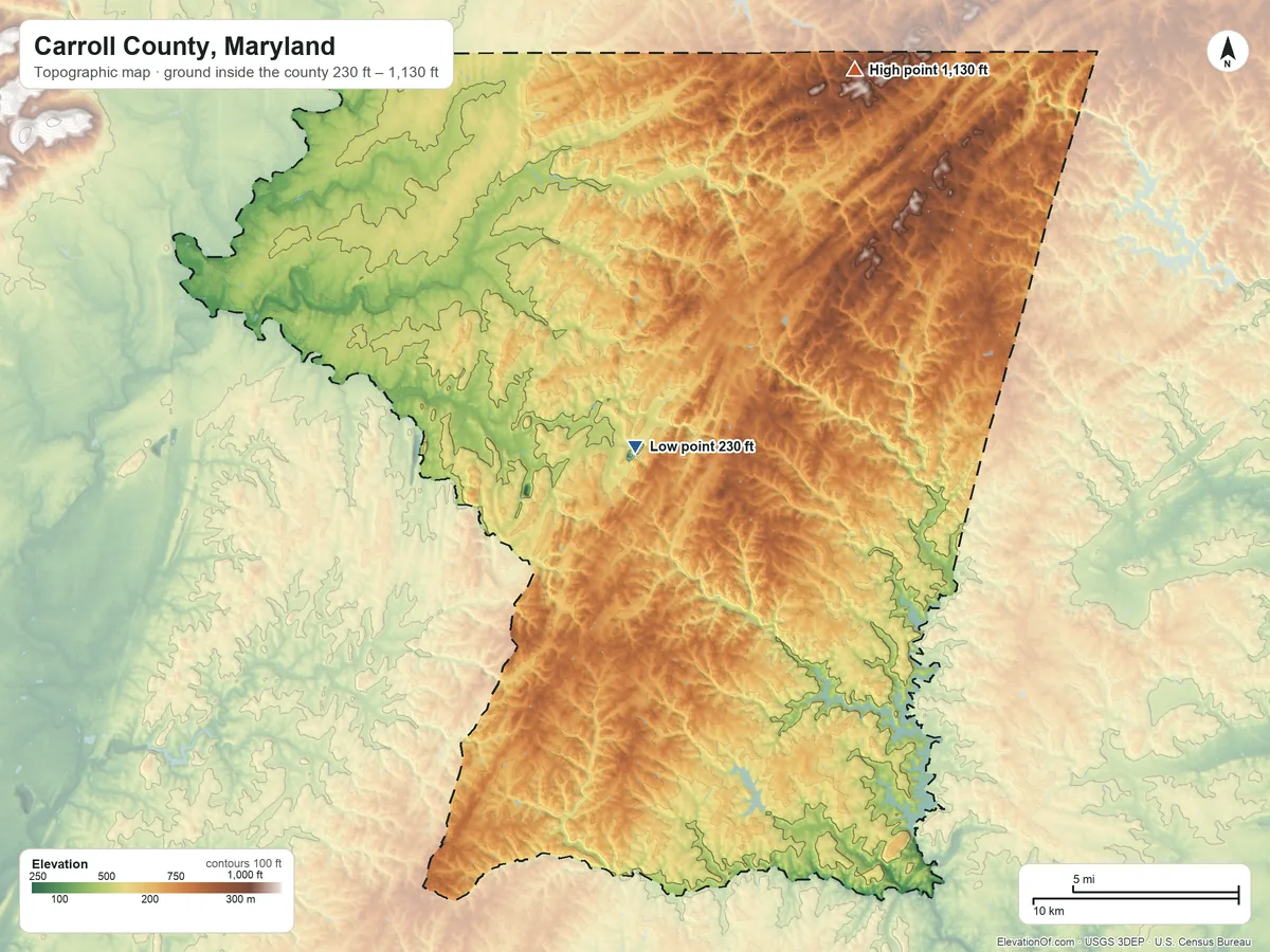 Topographic elevation map of Carroll County, Maryland, shaded from 230 ft near the middle to 1,130 ft on the northeast side