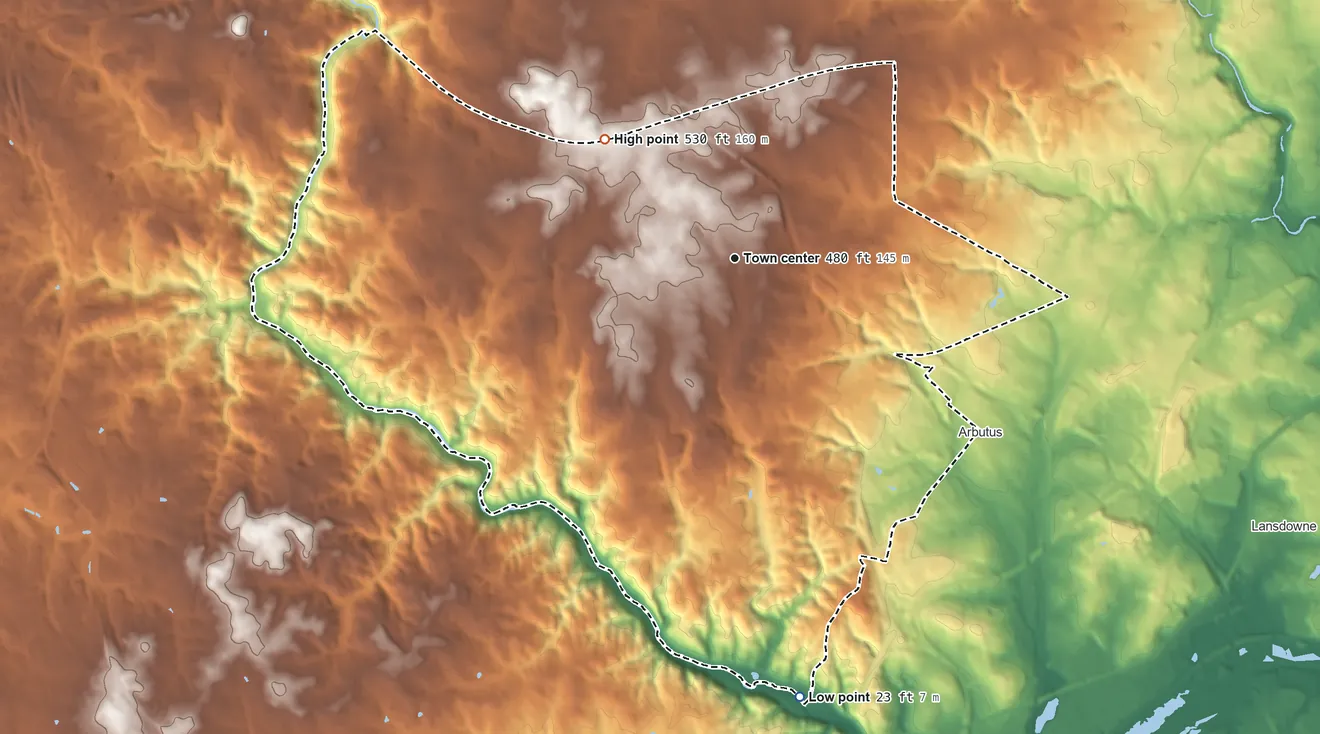Topographic elevation map of Catonsville, Maryland, shaded from 23 ft on the south side to 530 ft on the northwest side