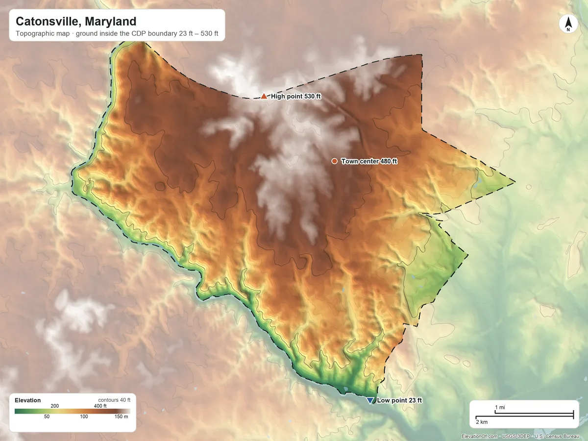 Topographic elevation map of Catonsville, Maryland, shaded from 23 ft on the south side to 530 ft on the northwest side