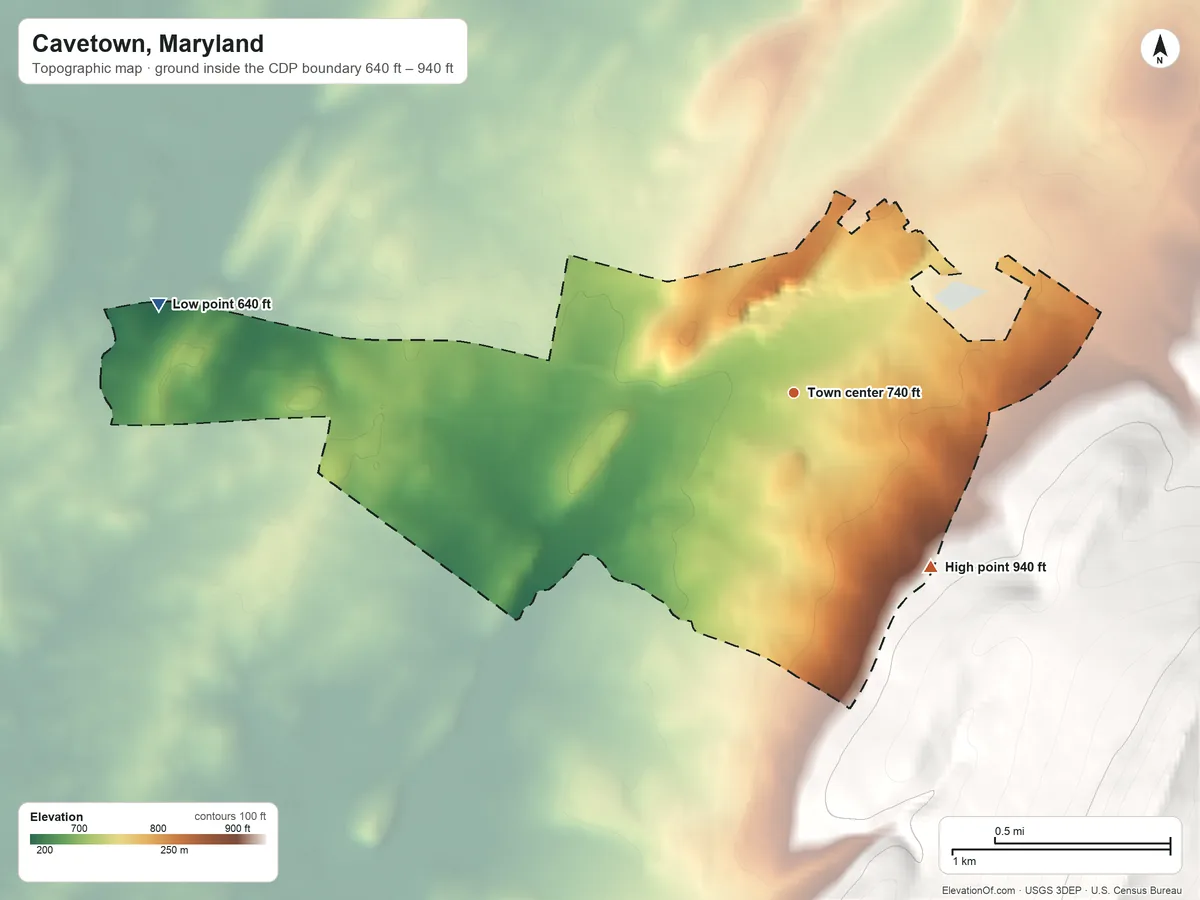 Topographic elevation map of Cavetown, Maryland, shaded from 640 ft on the west side to 940 ft on the southeast edge, below higher ground just outside