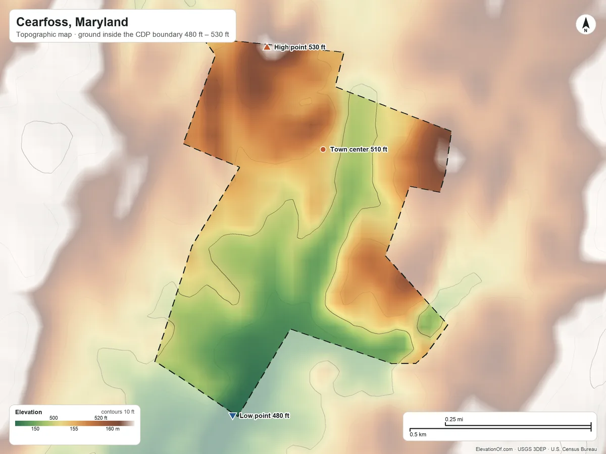Topographic elevation map of Cearfoss, Maryland, shaded from 480 ft on the south side to 530 ft on the northwest side