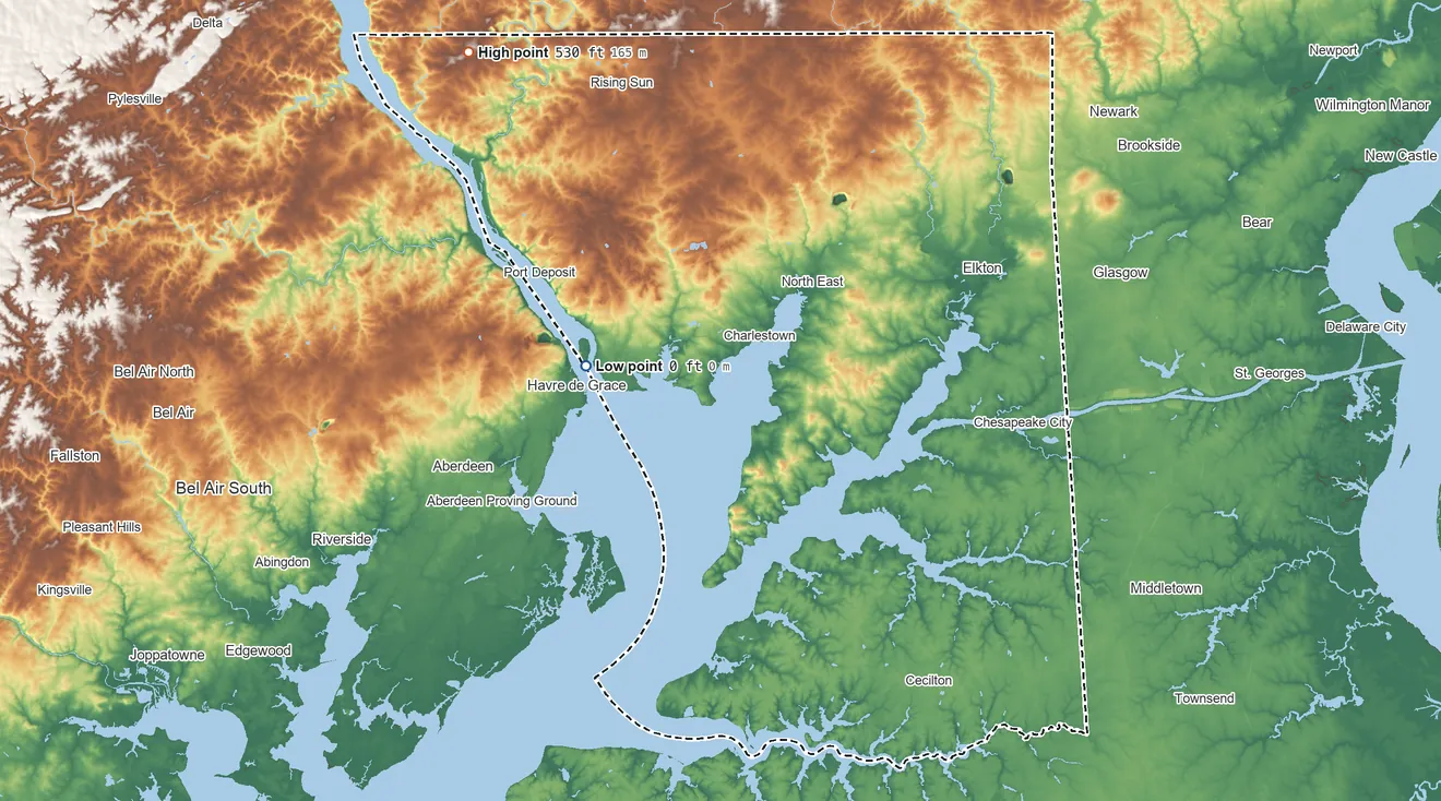 Topographic elevation map of Cecil County, Maryland, shaded from sea level on Chesapeake Bay to 530 ft on the northwest side