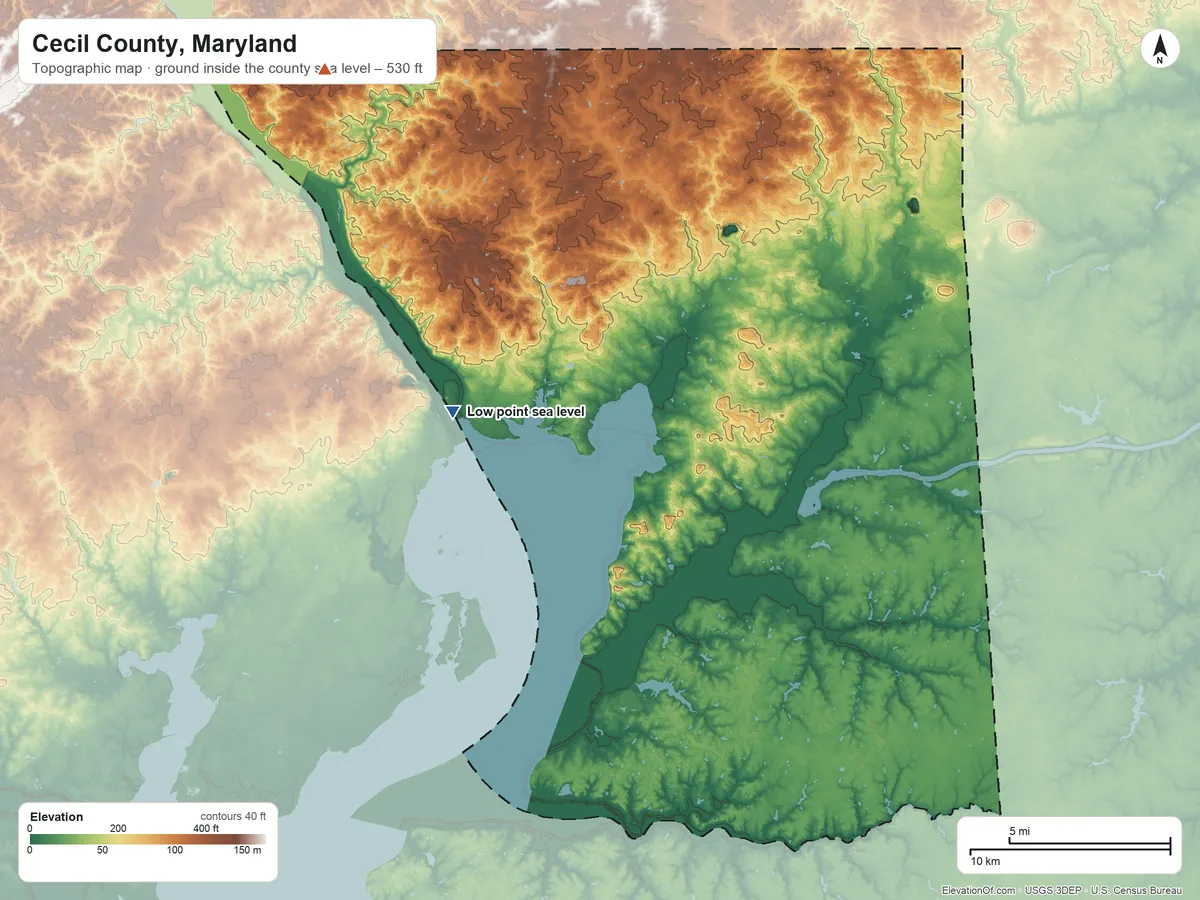 Topographic elevation map of Cecil County, Maryland, shaded from sea level on Chesapeake Bay to 530 ft on the northwest side