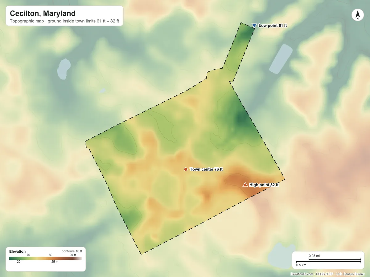 Topographic elevation map of Cecilton, Maryland, shaded from 61 ft on the northeast side to 82 ft on the east side