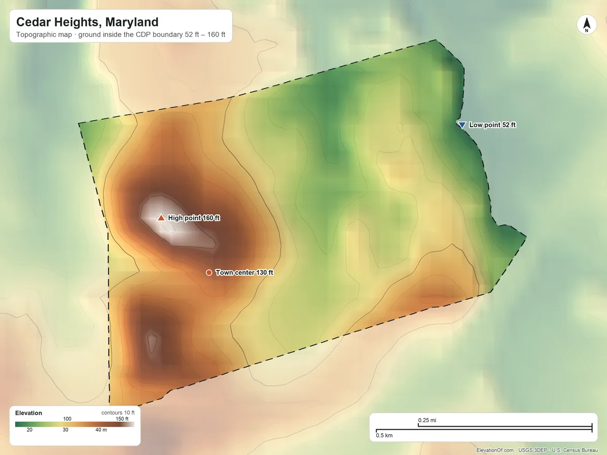 Topographic elevation map of Cedar Heights, Maryland, shaded from 52 ft on the northeast side to 160 ft on the northwest side