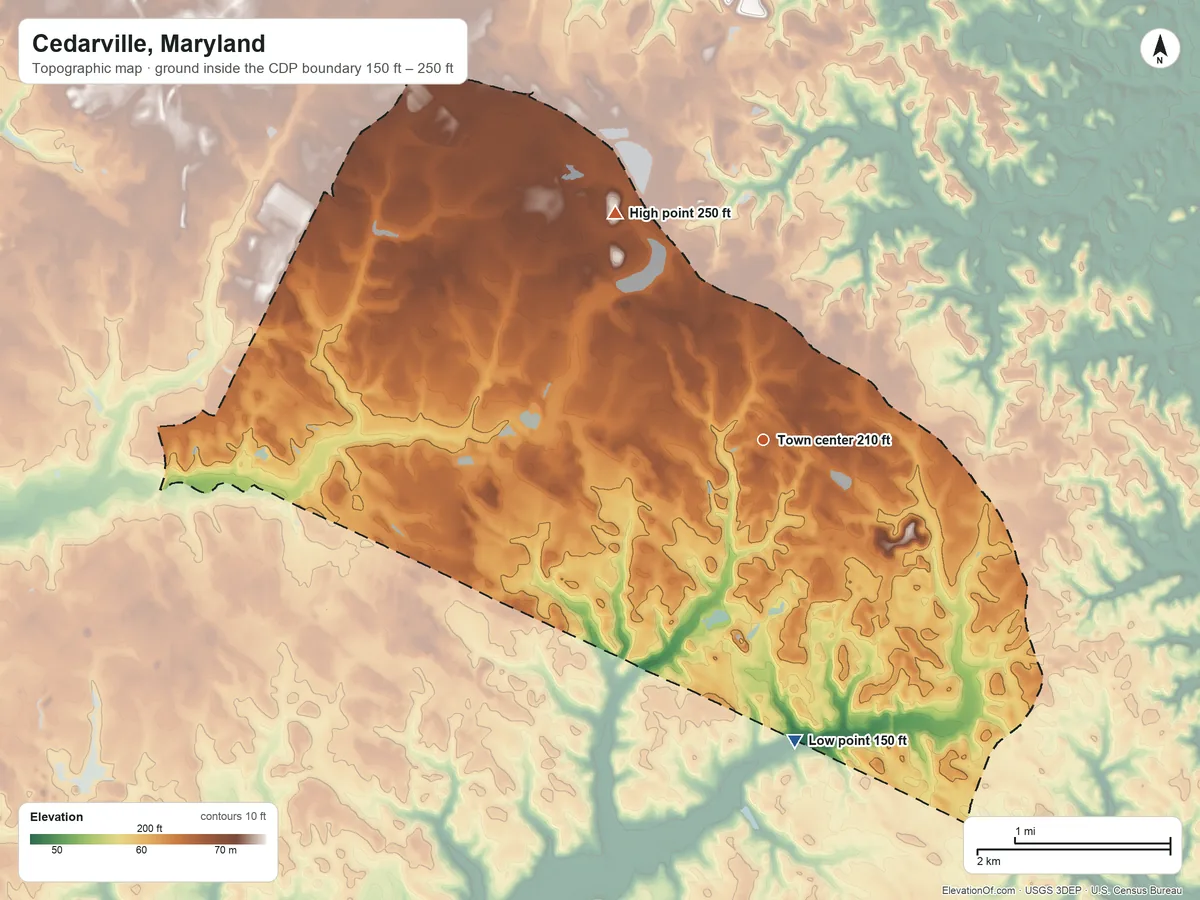 Topographic elevation map of Cedarville, Maryland, shaded from 150 ft on the south side to 250 ft on the northwest side