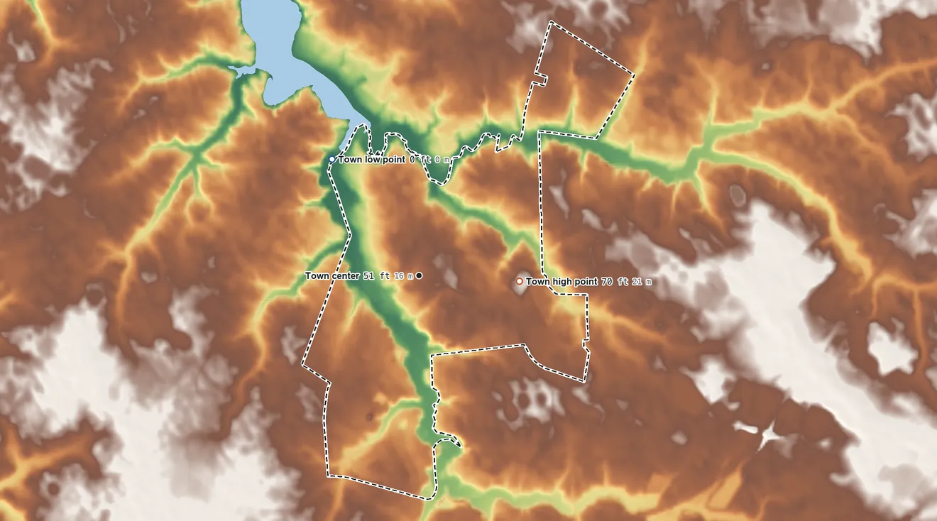 Topographic elevation map of Centreville, Maryland, shaded from 0 ft on the northwest side to 70 ft on the east side