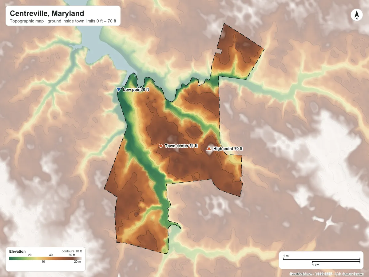 Topographic elevation map of Centreville, Maryland, shaded from 0 ft on the northwest side to 70 ft on the east side