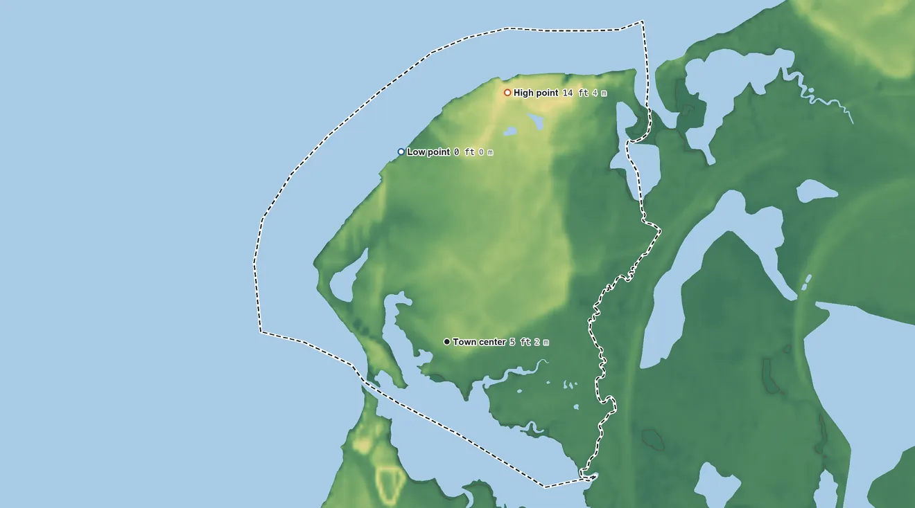 Topographic elevation map of Chance, Maryland, shaded from sea level level on the Upper Thoroughfare to 14 ft on the north side