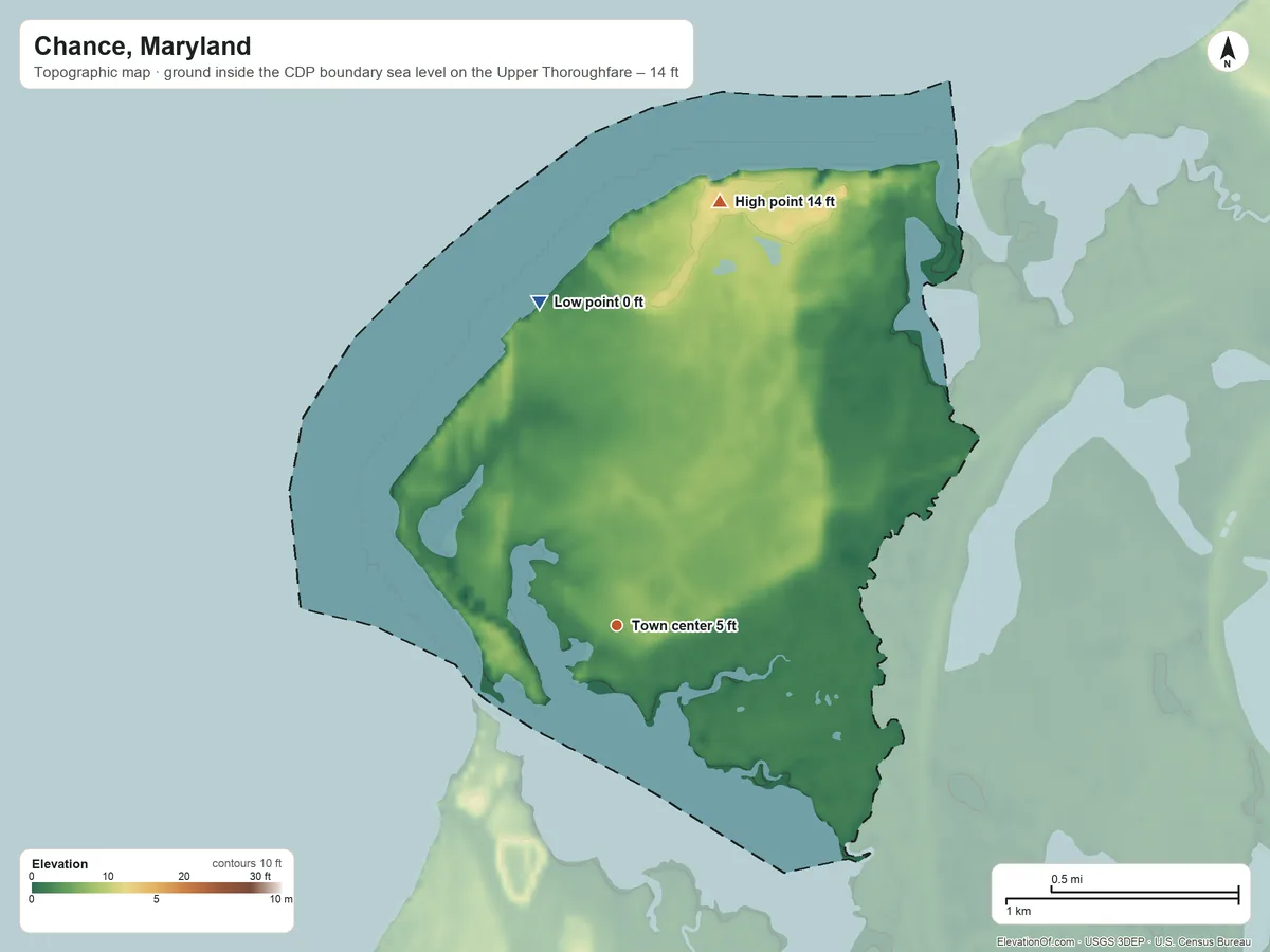 Topographic elevation map of Chance, Maryland, shaded from sea level level on the Upper Thoroughfare to 14 ft on the north side