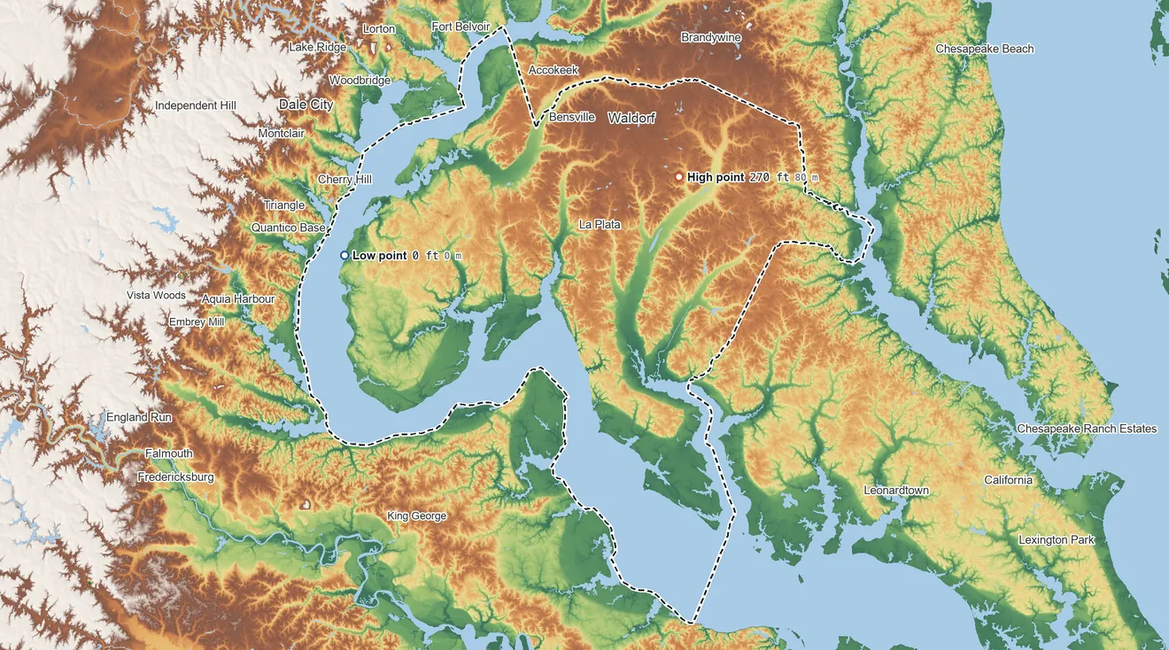 Topographic elevation map of Charles County, Maryland, shaded from 0 ft on the west side to 270 ft on the northeast side