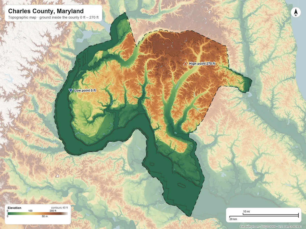 Topographic elevation map of Charles County, Maryland, shaded from 0 ft on the west side to 270 ft on the northeast side