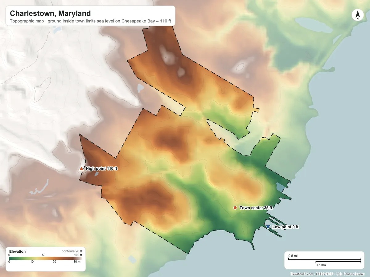 Topographic elevation map of Charlestown, Maryland, shaded from sea level level on Chesapeake Bay to 110 ft on the west side