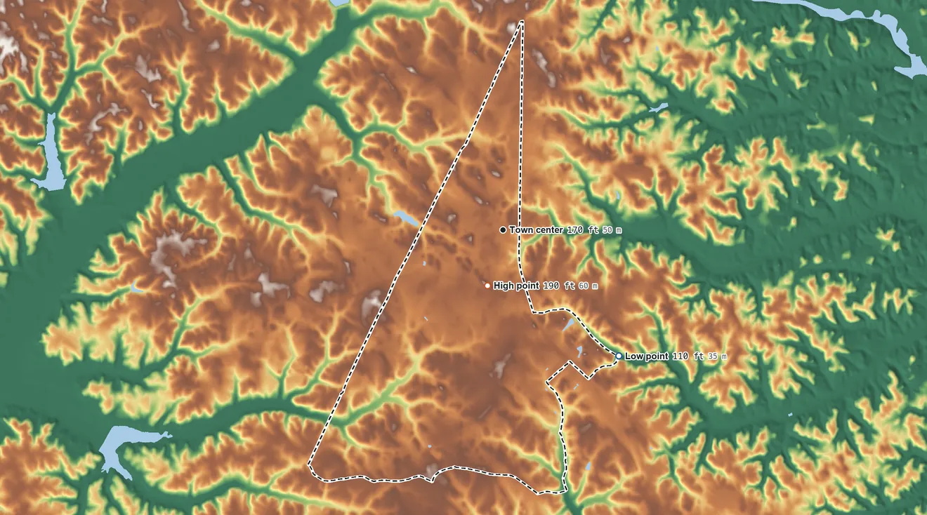Topographic elevation map of Charlotte Hall, Maryland, shaded from 110 ft on the southeast side to 190 ft on the south side