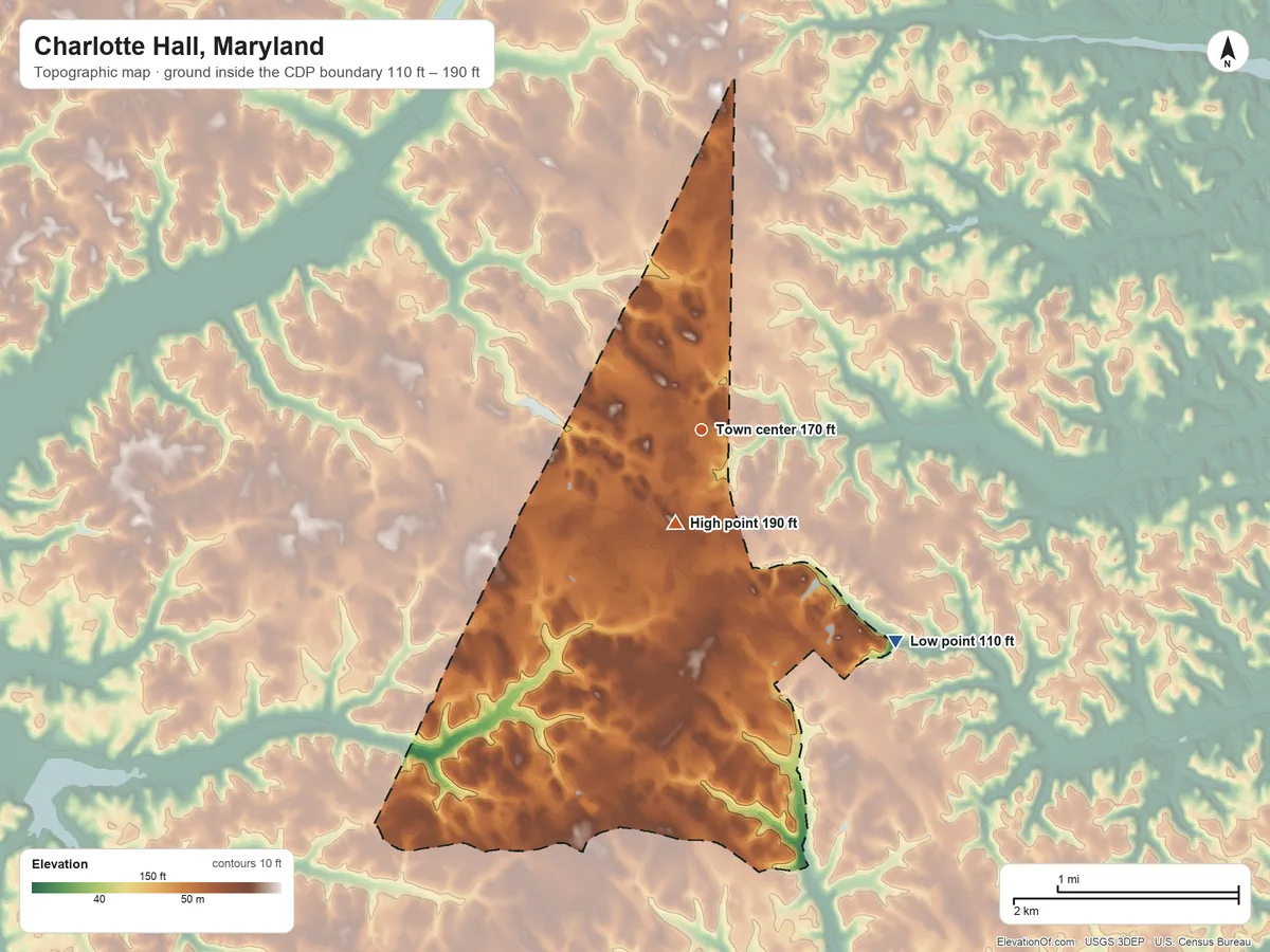 Topographic elevation map of Charlotte Hall, Maryland, shaded from 110 ft on the southeast side to 190 ft on the south side