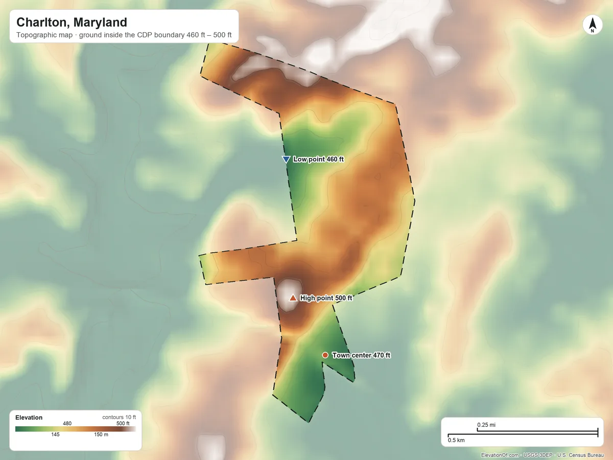 Topographic elevation map of Charlton, Maryland, shaded from 460 ft on the north side to 500 ft on the northwest side