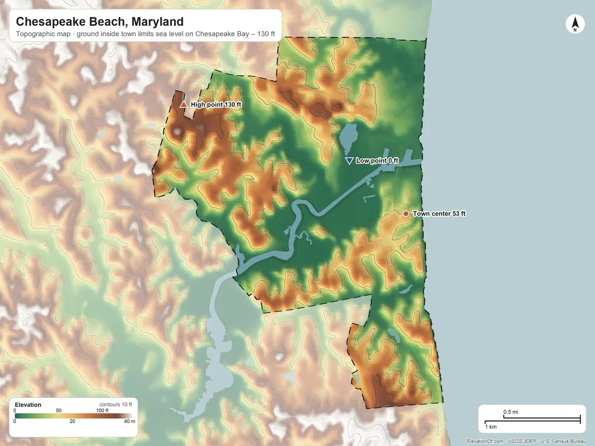 Topographic elevation map of Chesapeake Beach, Maryland, shaded from sea level level on Chesapeake Bay to 130 ft on the northwest side