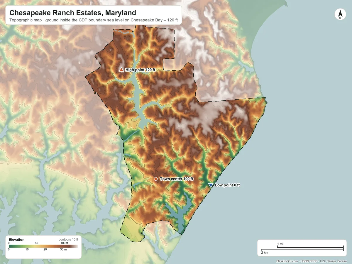 Topographic elevation map of Chesapeake Ranch Estates, Maryland, shaded from sea level level on Chesapeake Bay to 120 ft on the north side