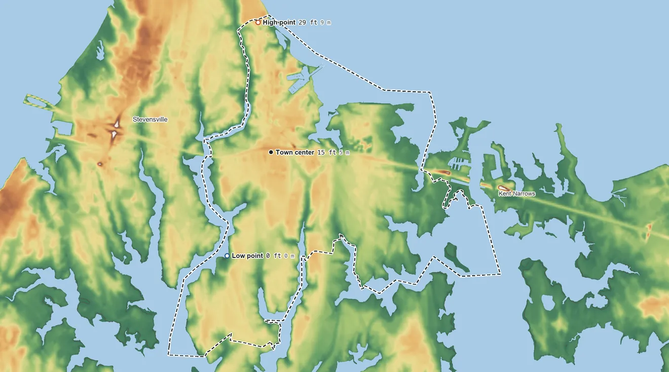 Topographic elevation map of Chester, Maryland, shaded from sea level level on Crab Alley Creek to 29 ft on the north side