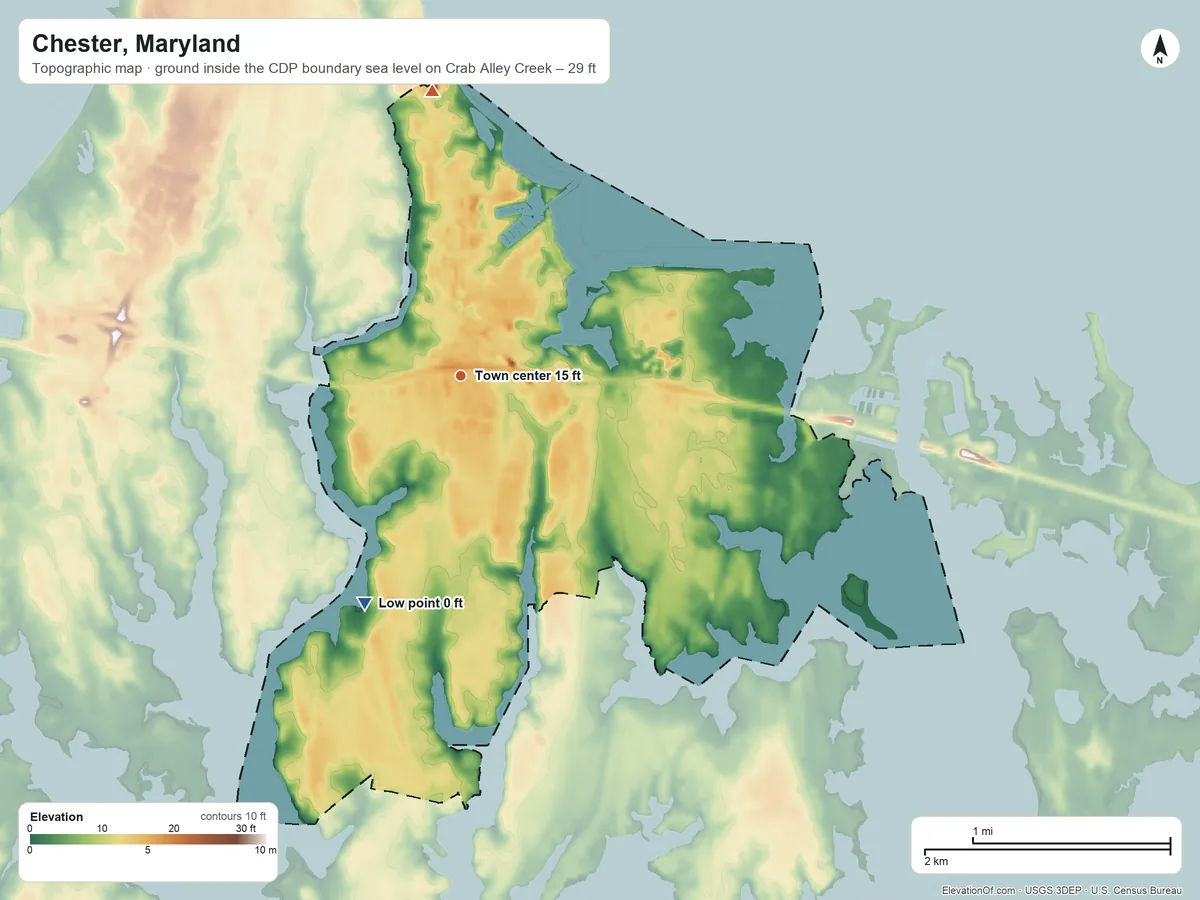 Topographic elevation map of Chester, Maryland, shaded from sea level level on Crab Alley Creek to 29 ft on the north side