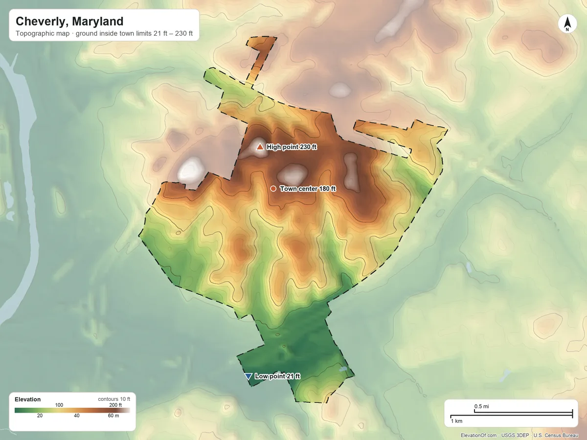 Topographic elevation map of Cheverly, Maryland, shaded from 21 ft on the south side to 230 ft near the middle