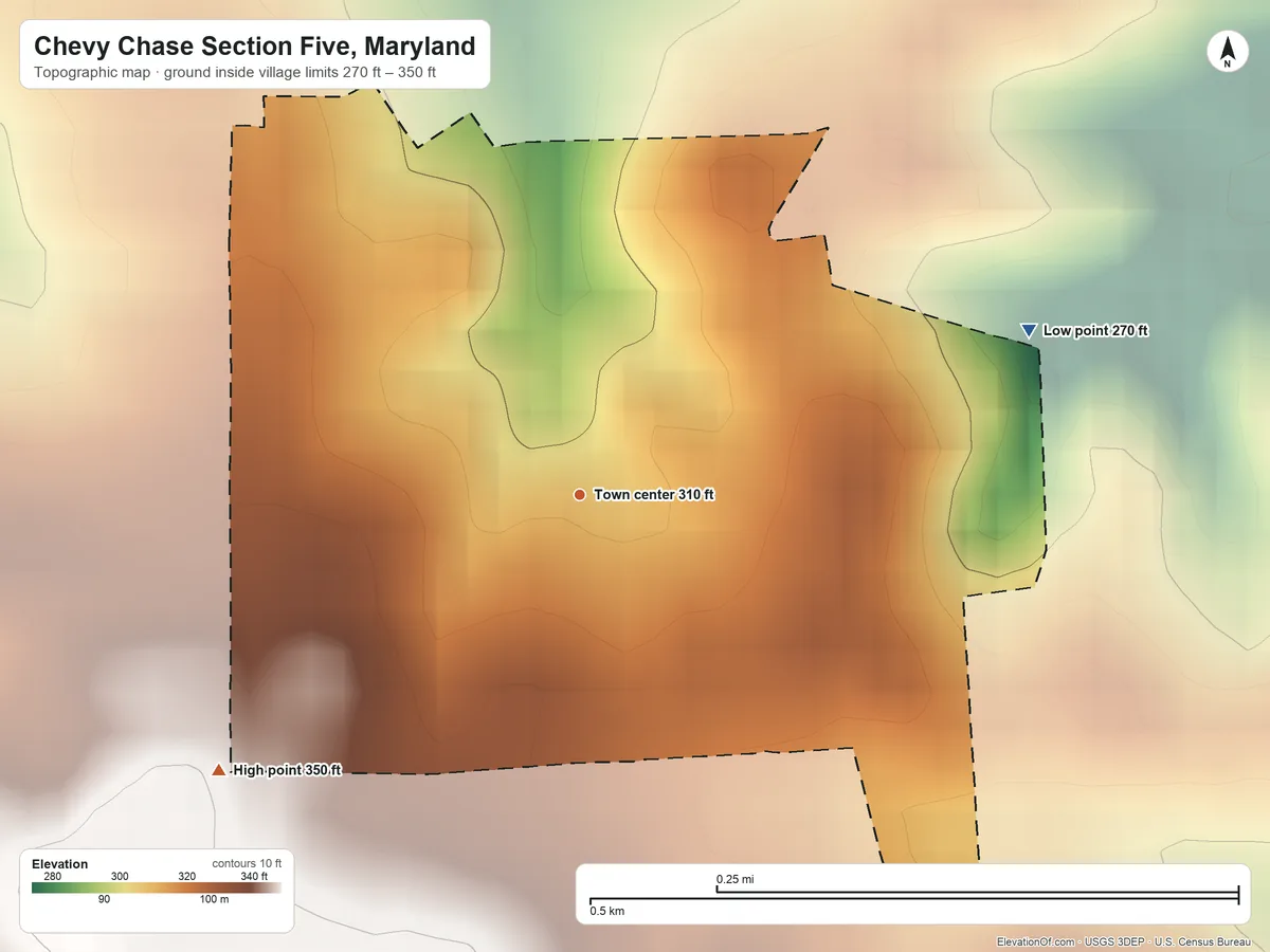 Topographic elevation map of Chevy Chase Section Five, Maryland, shaded from 270 ft on the east side to 350 ft on the southwest side
